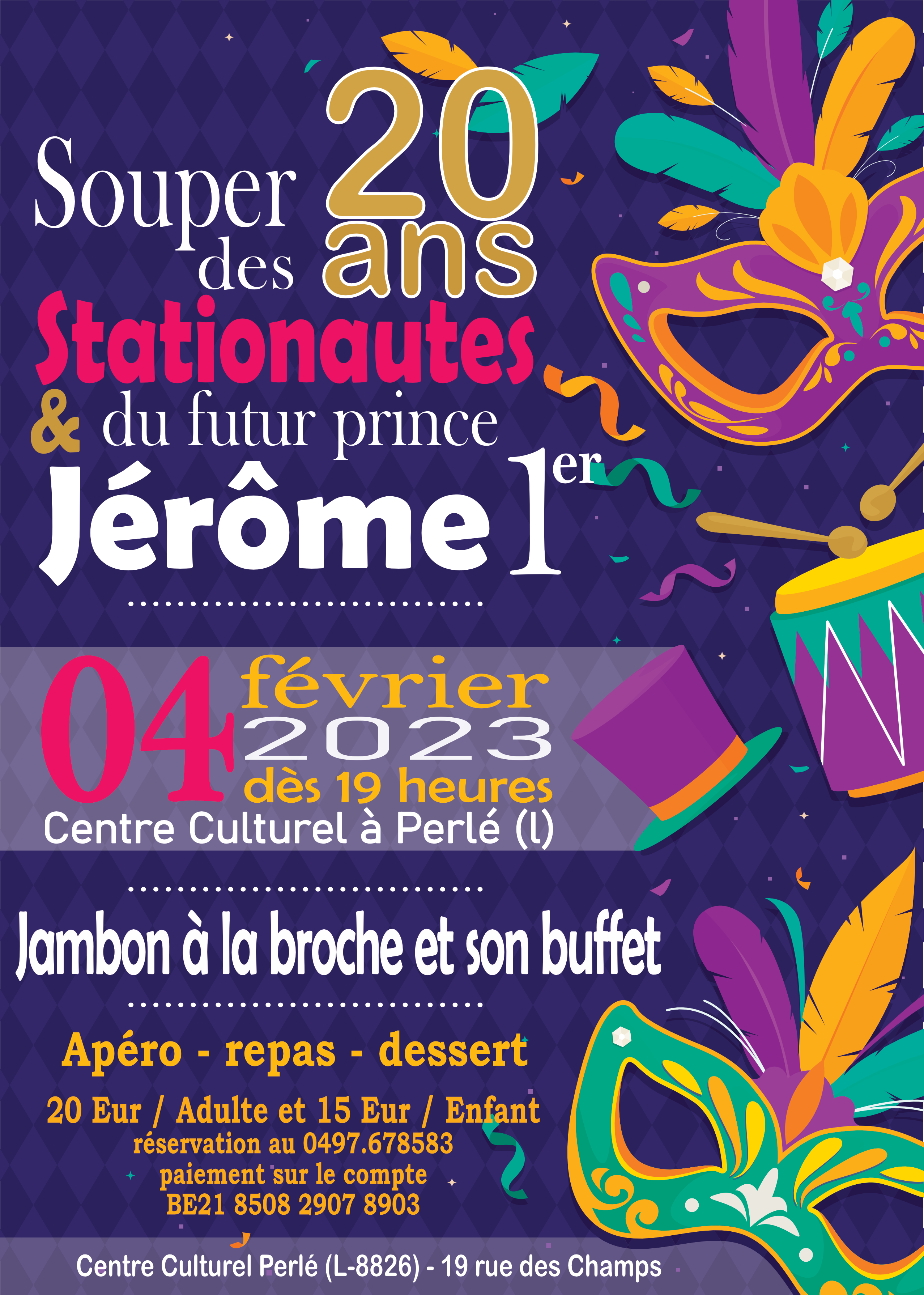 Carnaval de Martelange - Rejoignez-nous ce samedi 04 février pour fêtez les 20 ans du groupe d'animation <b>Les Stationautes</b> et le futur Prince 2023 <b>Jérôme 1er</b> !<br><br>

